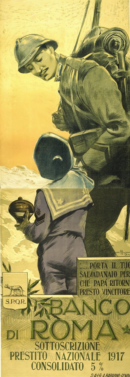 Verdenskrig: Banco di Romano plakat for War Loan. Italiensk soldat beder sin søn om at tømme sin pengekasse, og far vil snart vinde hjem. Aurelio Craffonara (1875-1945) italiensk kunstner. af Aurelio Craffonara