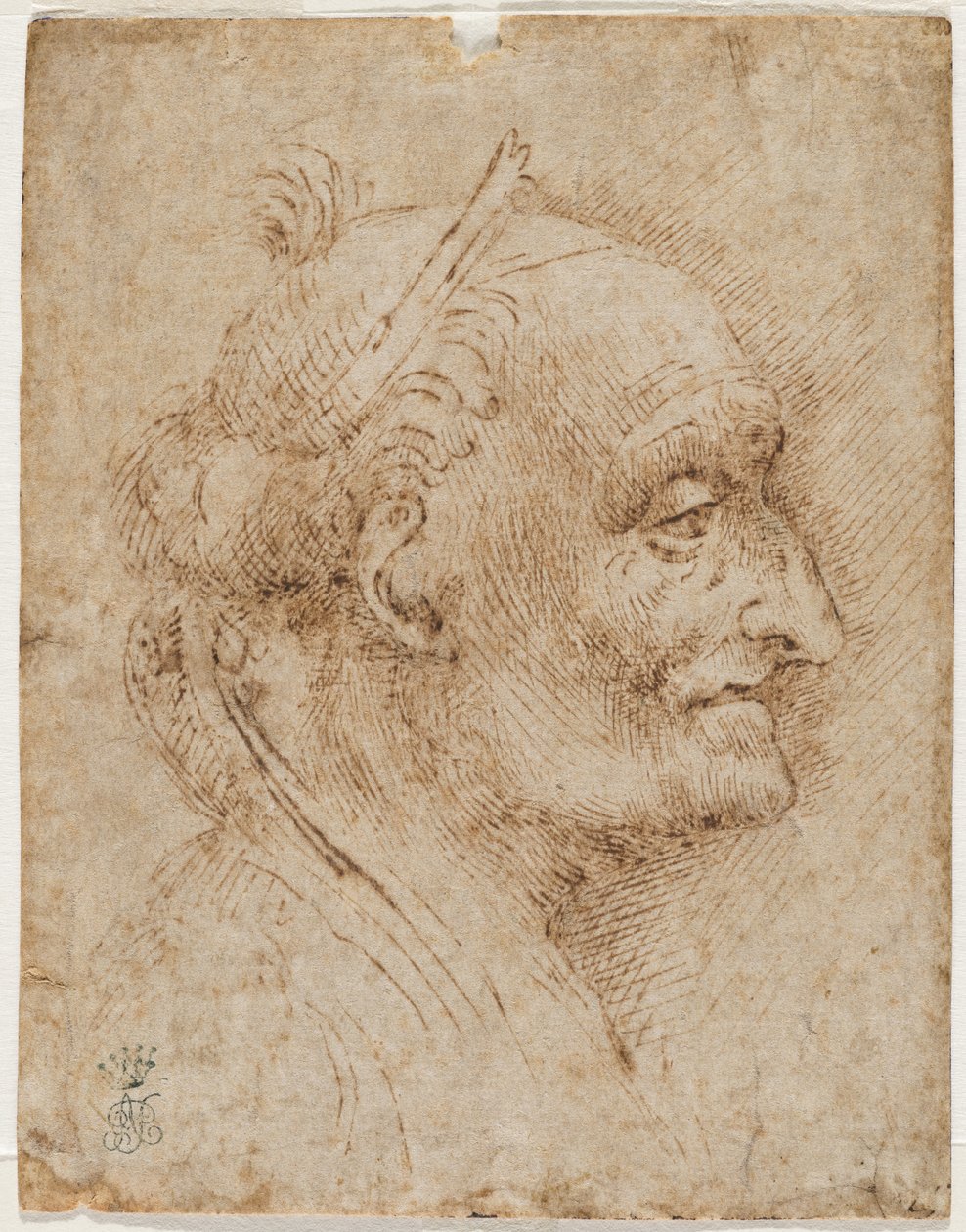Gammelt hvælvingshoved til højre, 1500-tallet (metallisk spids, kul, pen og blæk) af Aurelio Luini