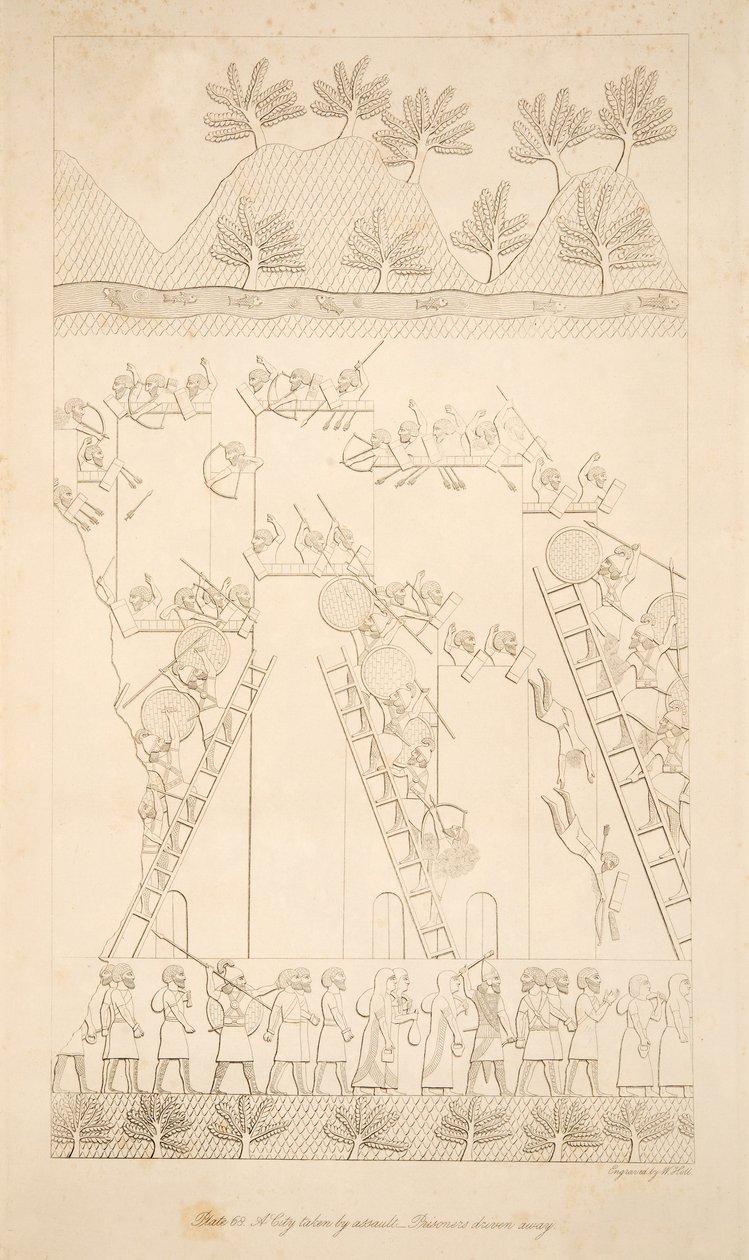 En by, der er blevet angrebet - Fanger drevet væk, fra monumenter i Nineveh, pub. 1849 af Austen Henry Layard