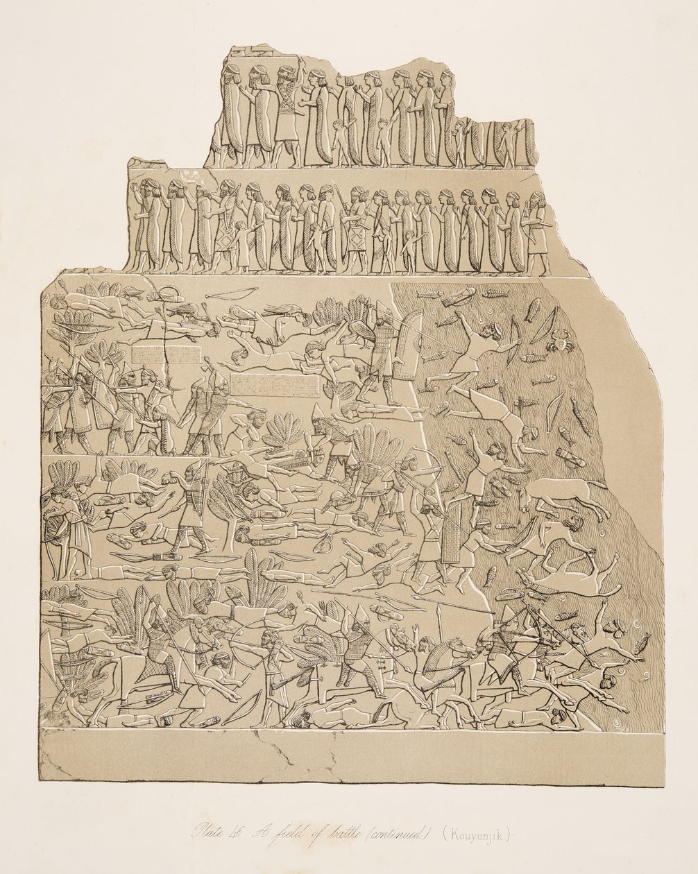 Et slagfelt (Kouyunjik), fra Monuments of Nineveh, pub. 1849 af Austen Henry Layard