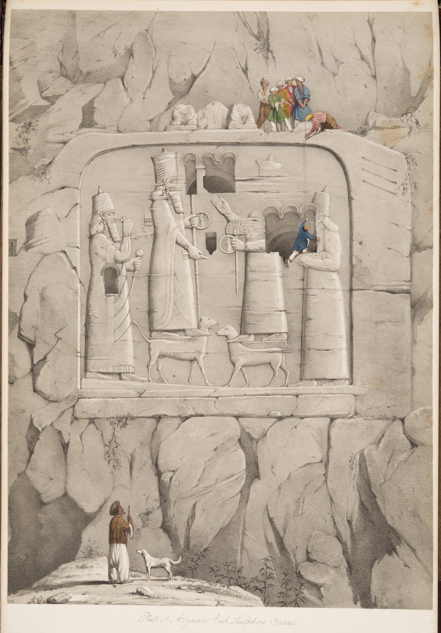 Assyrian Rock Sculpture (bayersk), fra Monuments of Nineveh, pub. 1849 (gravering) af Austen Henry Layard