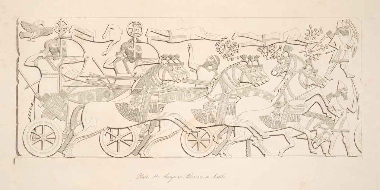 Assyriske krigere i kamp, fra Monuments of Nineveh, pub. 1849 af Austen Henry Layard