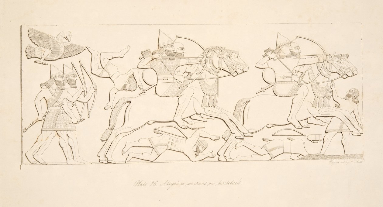 Assyriske krigere til hest, fra Monuments of Nineveh, pub. 1849 af Austen Henry Layard