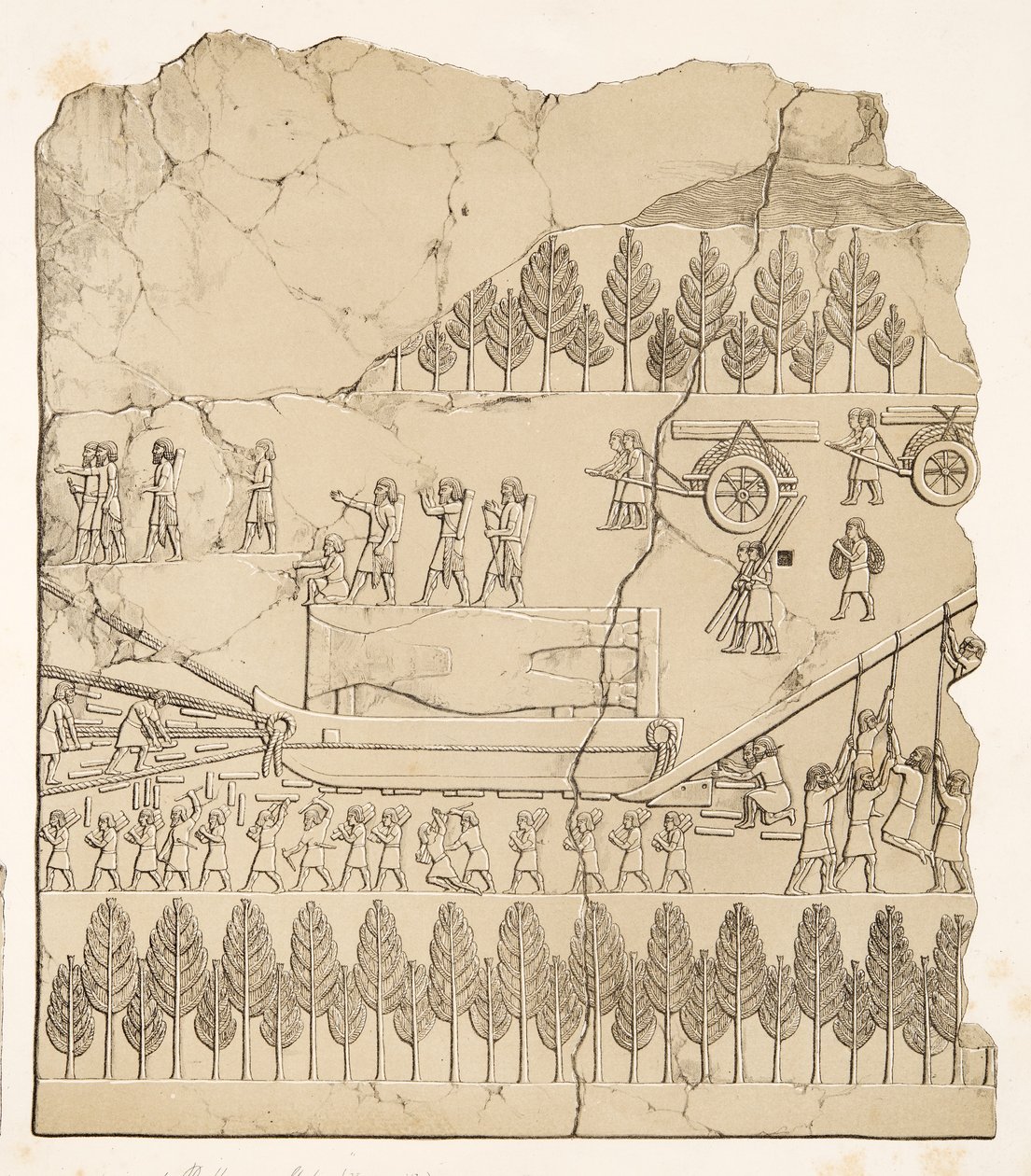 Assyrere flytter en bevinget tyr på en slæde (Kouyunjik), fra Monuments of Nineveh, pub. 1849 (gravering) af Austen Henry Layard