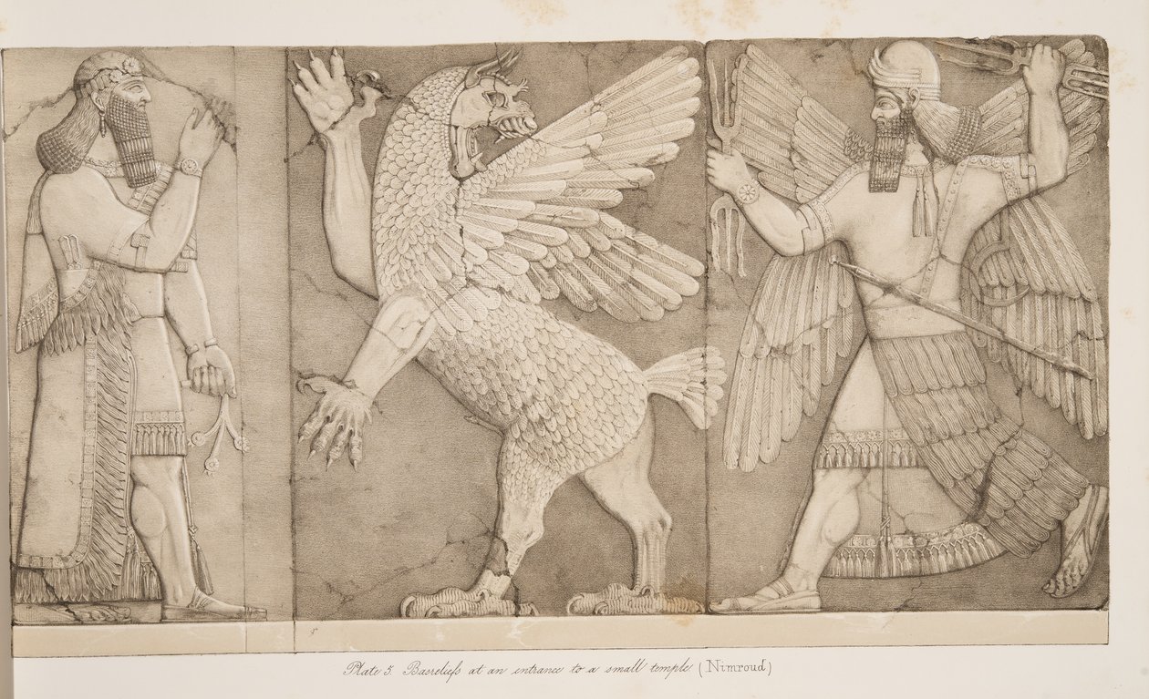 Basrelieffer ved en indgang til et lille tempel (Nimroud), fra Monuments of Nineveh, pub. 1849 af Austen Henry Layard