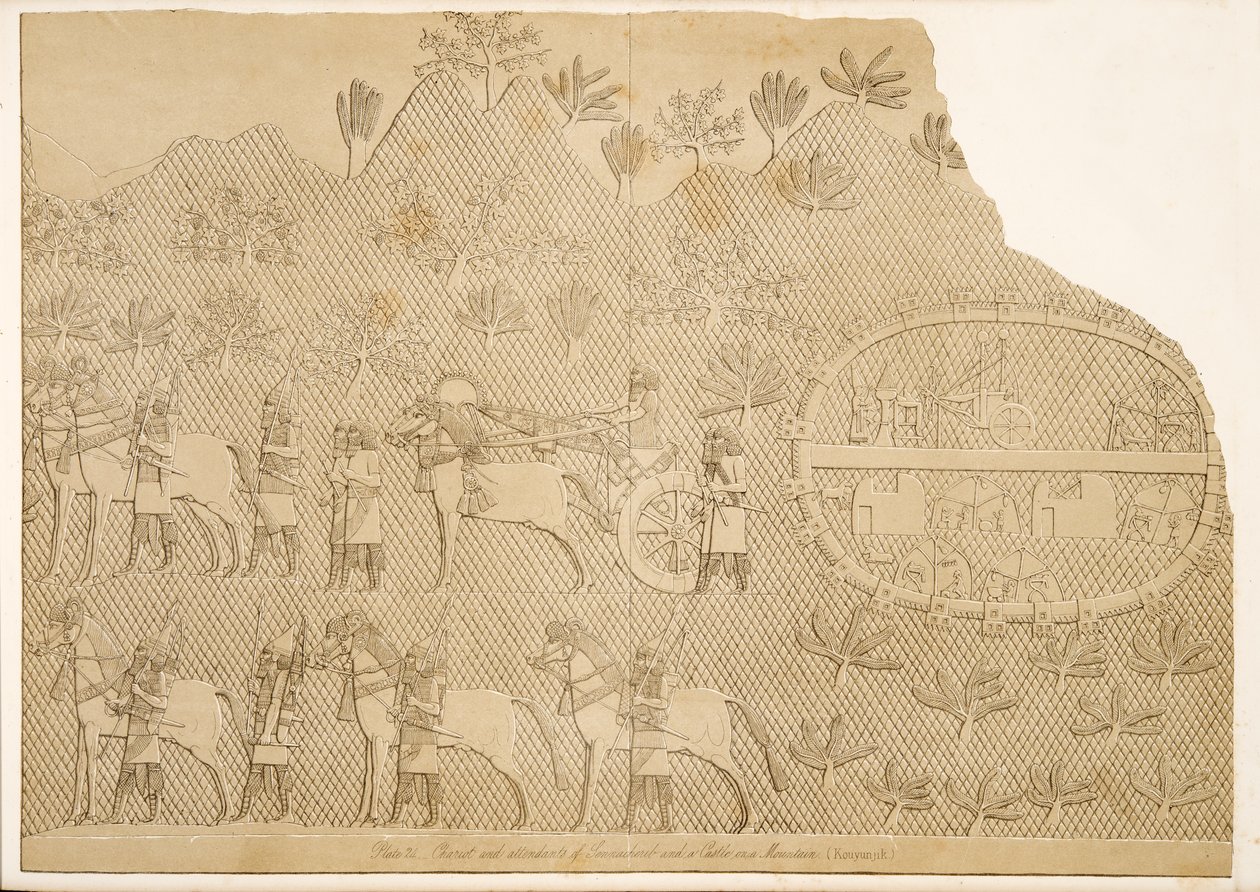 Vogn og ledsagere af Sanherib og et slot på et bjerg (Kouyunjik), fra Monuments of Nineveh, pub. 1849 af Austen Henry Layard
