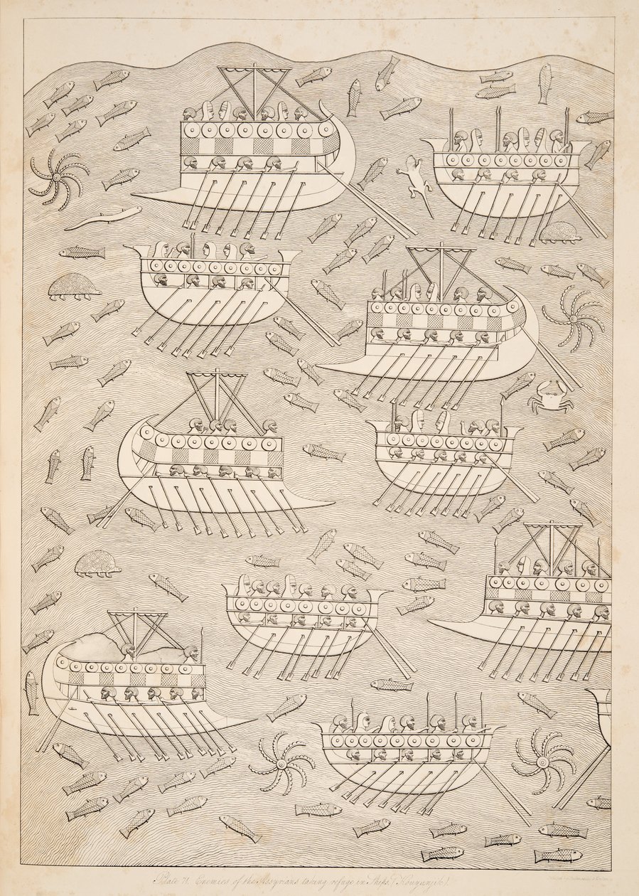 Assyrernes fjender søger tilflugt i skibe (Kouyunlik), fra Monuments of Nineveh, pub. 1849 af Austen Henry Layard