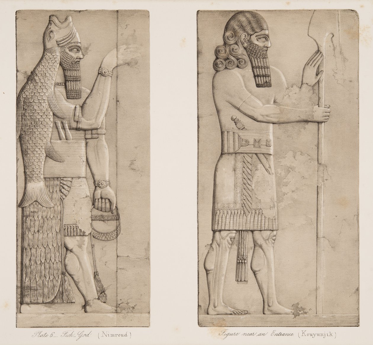Fish God (Nimroud) og figur nær en indgang (Kouyunjik), fra Monuments of Nineveh, pub. 1849 af Austen Henry Layard