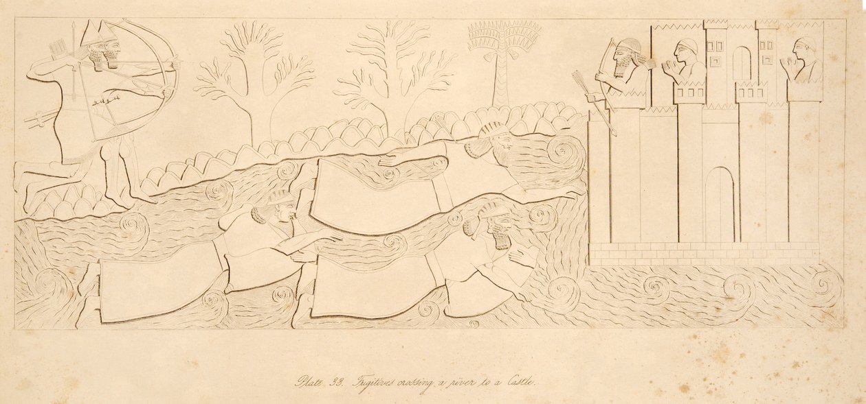 Flygtninge, der krydser en flod til et slot, fra Monuments of Nineveh, pub. 1849 af Austen Henry Layard