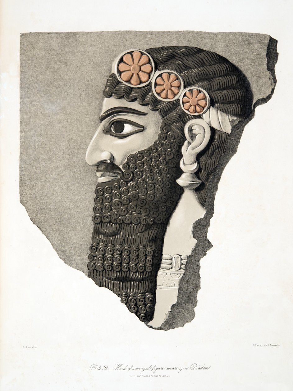 Hoved af en bevinget figur med diadem, fra Monuments of Nineveh, pub. 1849 af Austen Henry Layard