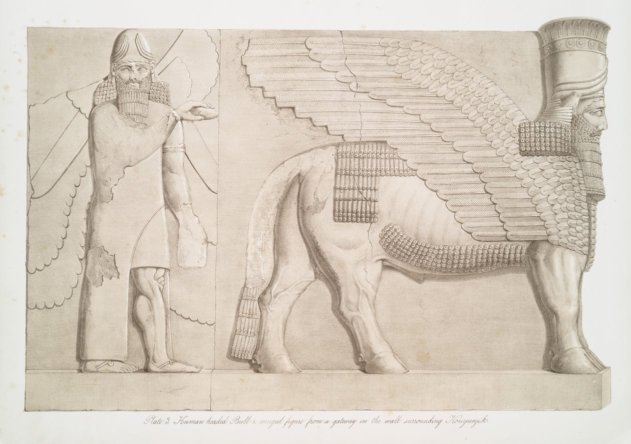 Tyre med menneskehoved og bevinget figur fra en port i muren omkring Kouyunjik [Quyunjik], 1853 af Austen Henry Layard
