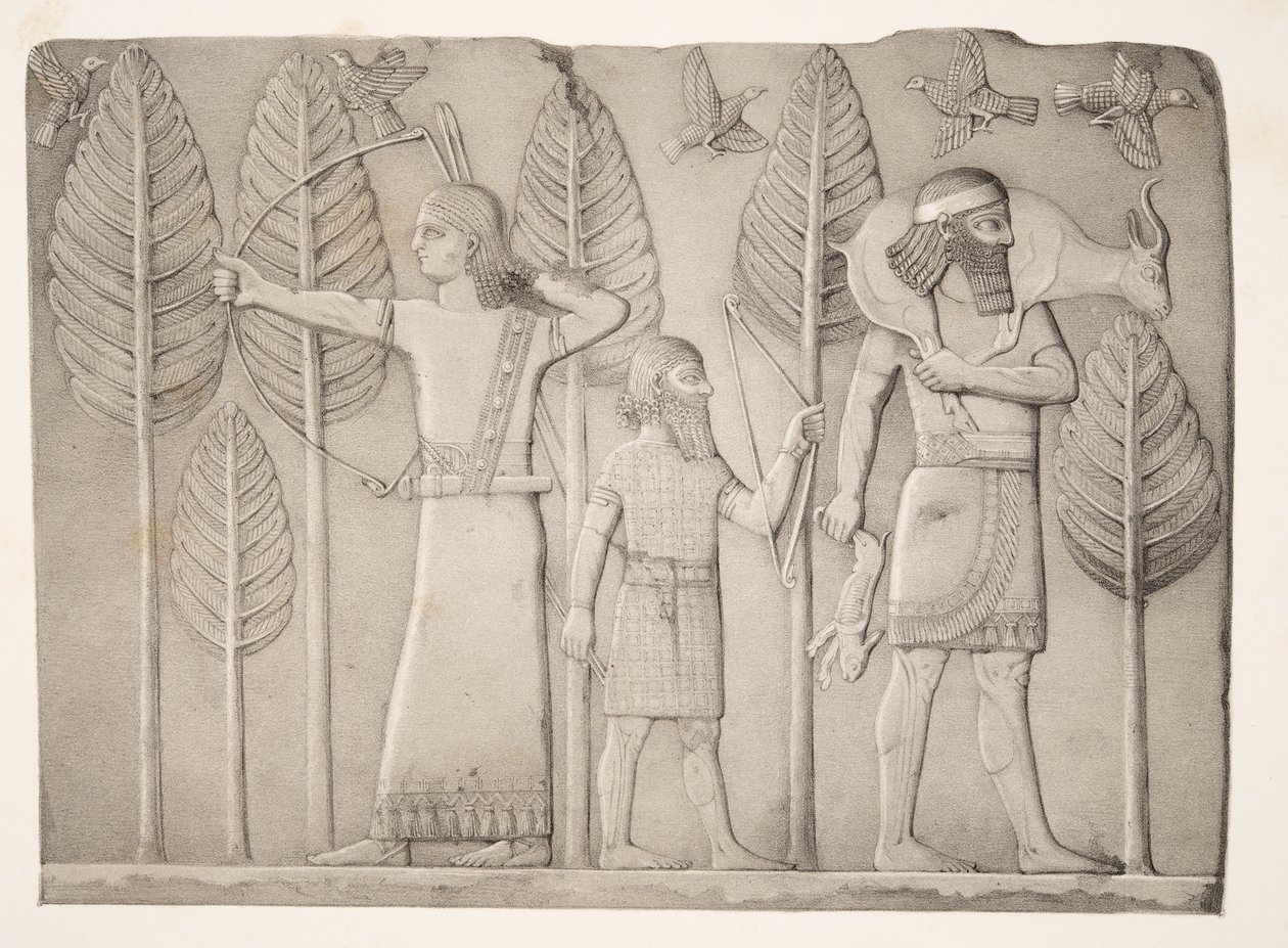 Jægere med Gazelle, hare og fugle (Khorsabad), fra Monuments of Nineveh, pub. 1849 af Austen Henry Layard