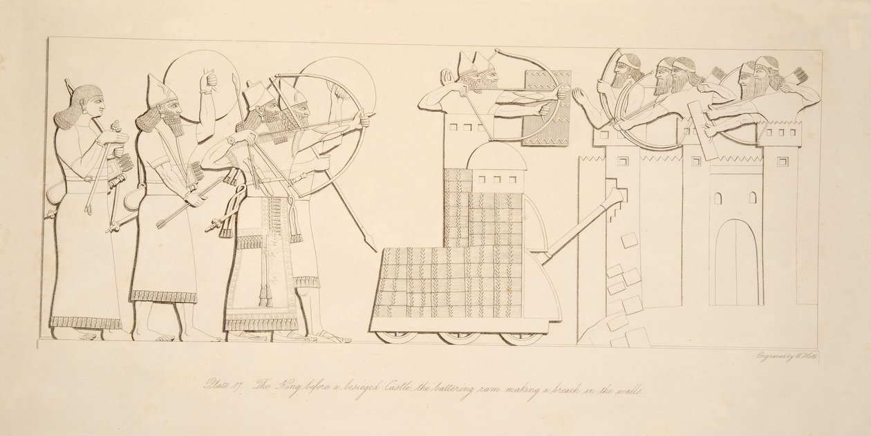 Kongen foran et belejret slot, slagramen, der laver et brud på murene, fra Monuments of Nineveh, pub. 1849 af Austen Henry Layard