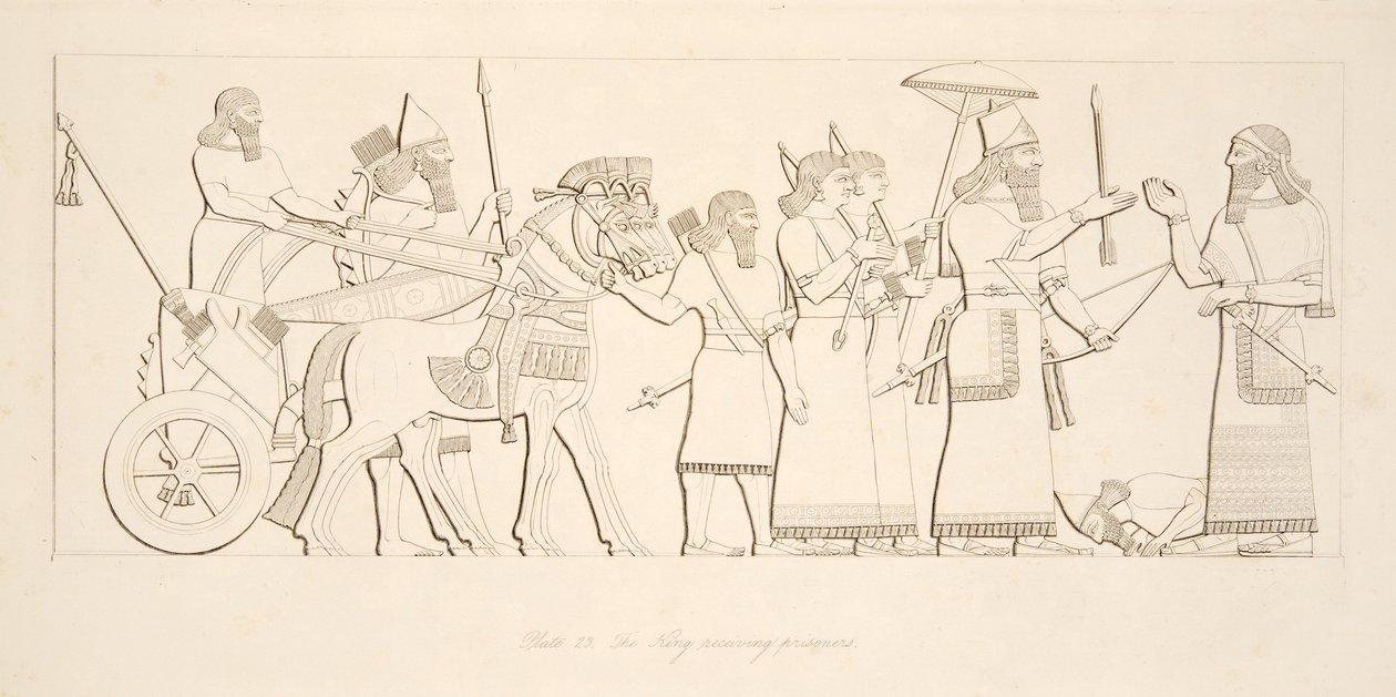 Kongen modtager fanger, fra Monuments of Nineveh, pub. 1849 af Austen Henry Layard