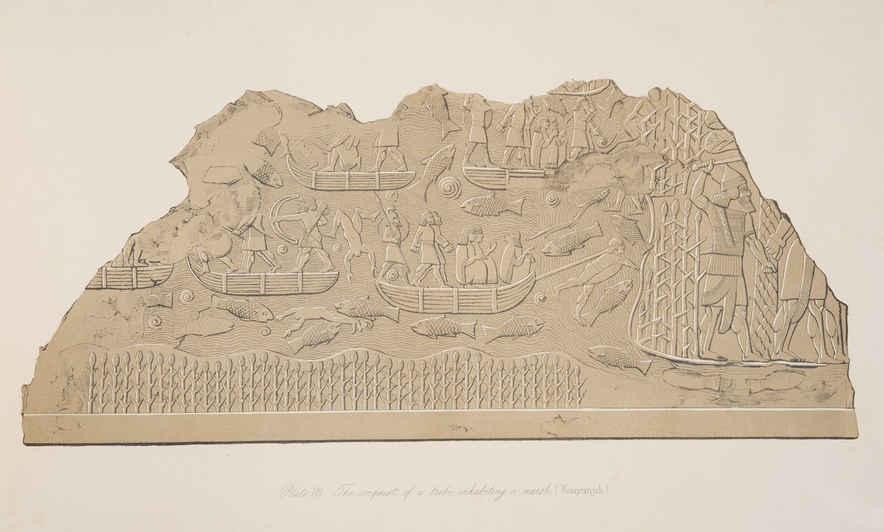 Erobringen af en stamme, der bor i en mose (Kouyunjik), fra Monuments of Nineveh, pub. 1849 af Austen Henry Layard