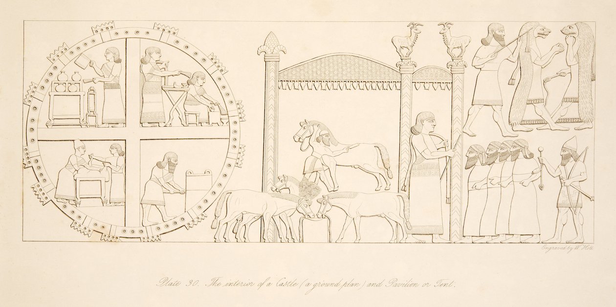 Det indre af et slot (en grundplan) og pavillon eller telt, fra Monuments of Nineveh, pub. 1849 af Austen Henry Layard