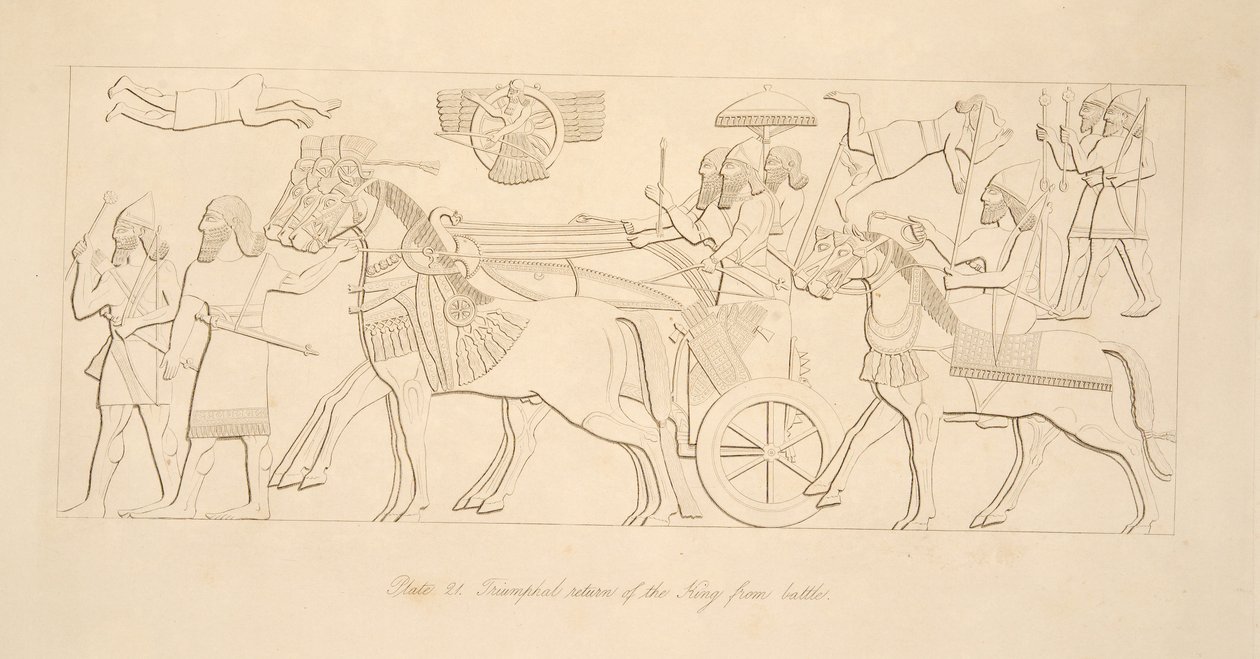 Kongens triumferende tilbagevenden fra kamp, fra Monuments of Nineveh, pub. 1849 af Austen Henry Layard