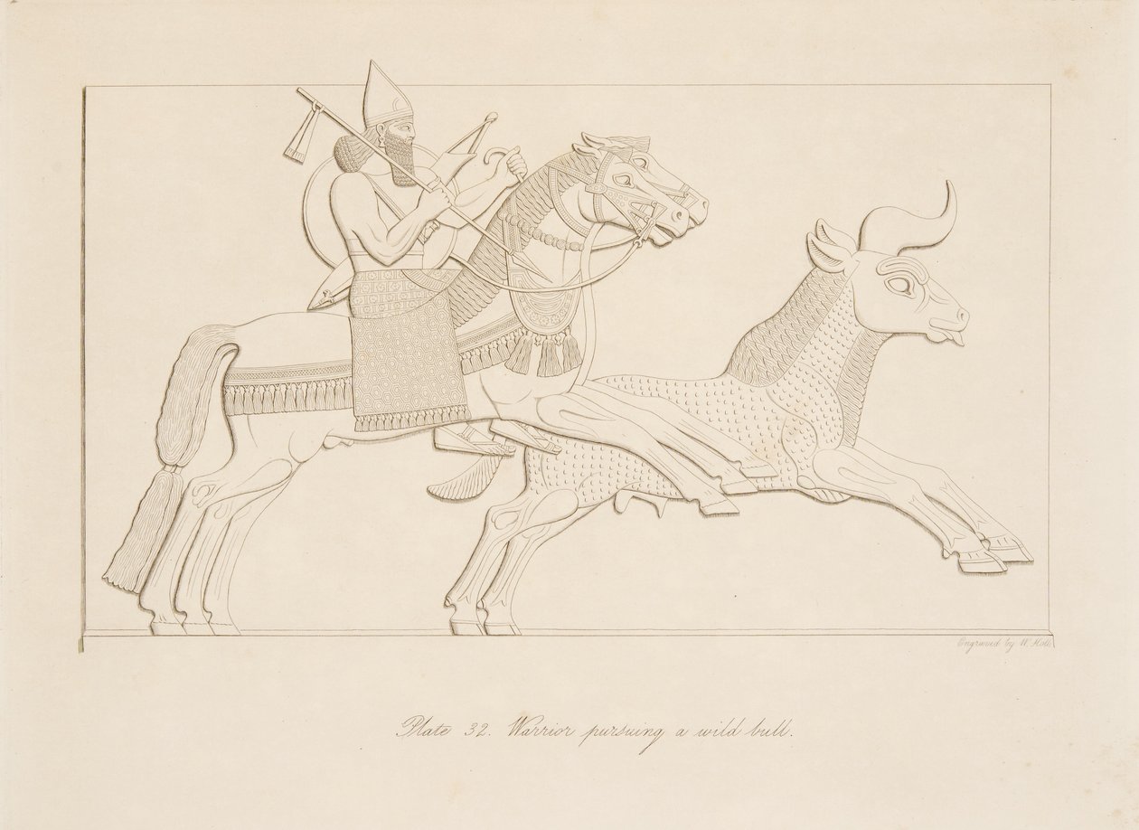 Kriger, der forfølger en vild tyr, fra Monuments of Nineveh, pub. 1849 af Austen Henry Layard
