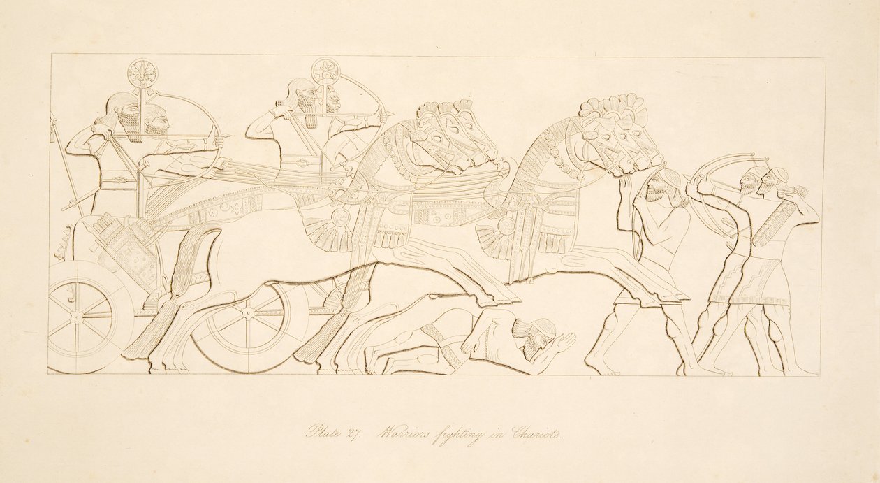 Krigere, der kæmper i Chariots, fra Monuments of Nineveh, pub. 1849 af Austen Henry Layard