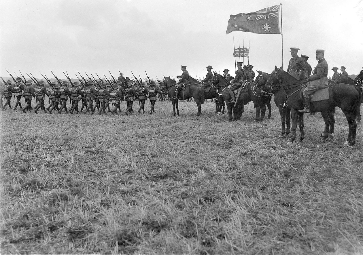 Feltmarskal Sir Douglas Haig gennemgår den 5. australske division ved Ebblinghem, 29. august 1917 af Australian Photographer