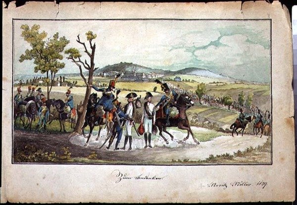 En procession af habsburgske soldater i et landskab af Austrian School