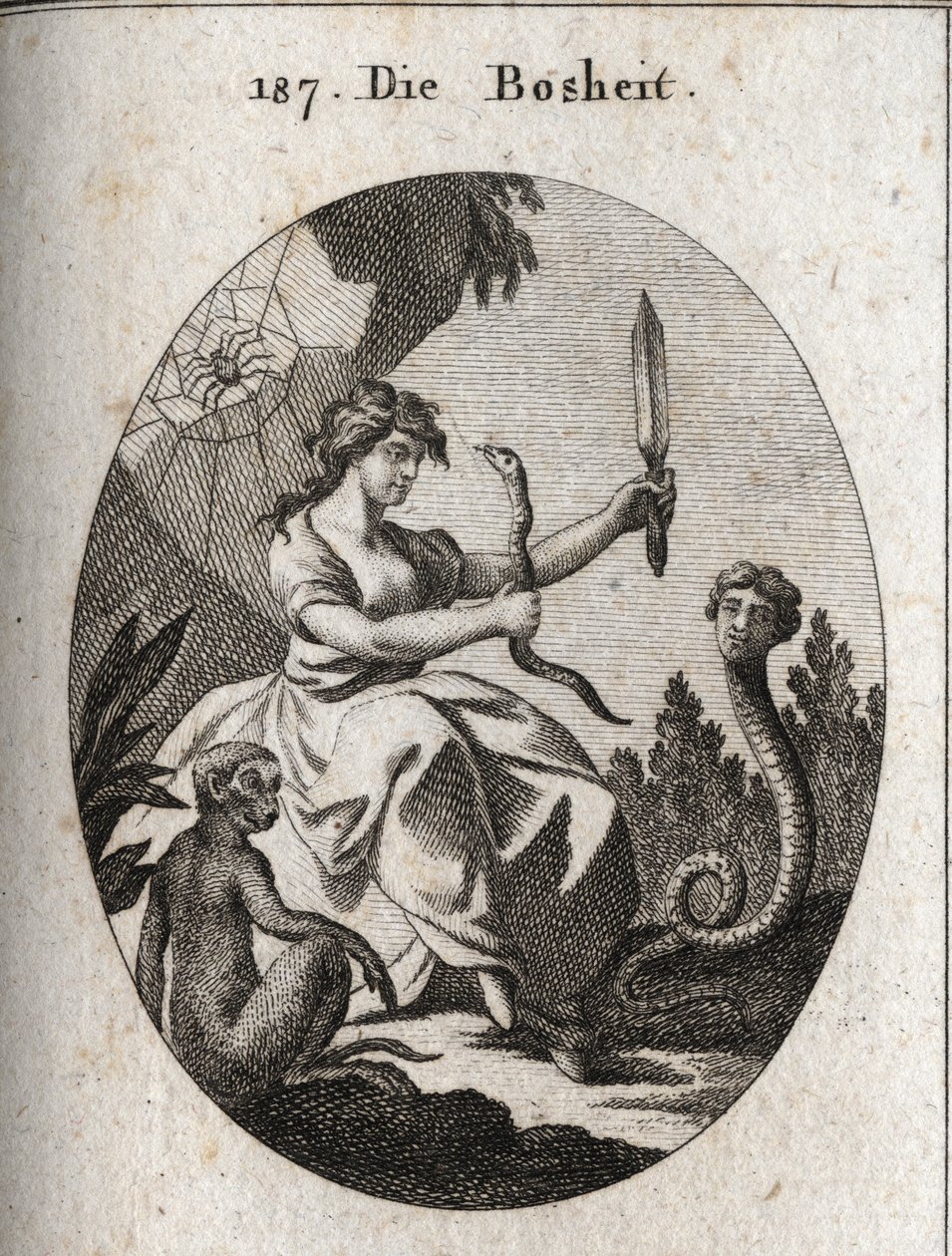 Alegori af mekanikken. Hun ser glad ud med en skygge og en dolk. Dens egenskaber er slangen med et menneskeligt ansigt, der ønsker svindel, aben, der er ondskabens emblem, og araignee, der hentyder til fælder. Gravering i "" Iconologie eller Idee af Austrian School