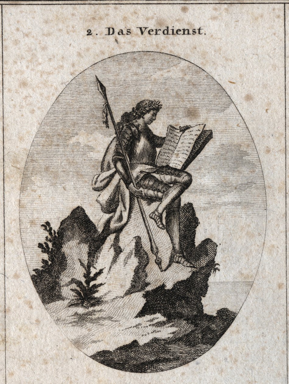Allegorie du merite repræsenterer på toppen af ​​en klippe stejl med våben og en bog, der symboliserer det som et resultat af hans værker og studier. Indgravering i "" ikonologi eller ideer fra området lidenskaber og allegorier afbildet til tegning af Austrian School