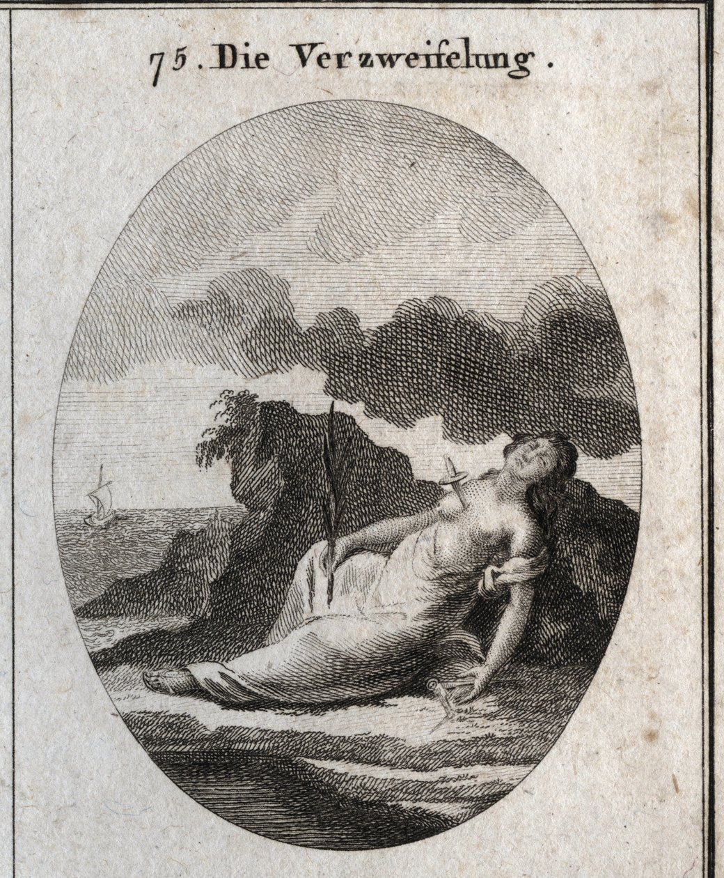 Allegory of Desperation skildrer en dolk i brystet og en gren af cypers i hånden (træ, der engang prydede gravene). Breeze compas er emblemet på tankeforstyrrelsen. Gravering i "" Iconologie oder Ideen aus dem Gebiete der Leidenschaft af Austrian School
