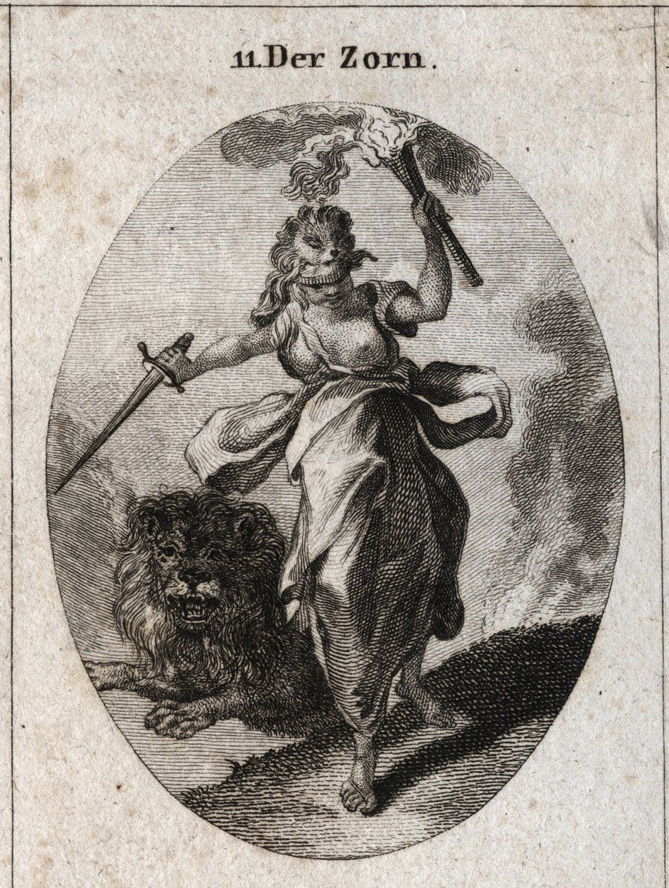 Allegori af vrede repræsenteret i en rastløs holdning, et bind for øjnene, et sværd og en fakkel i hænderne. Den er klædt med bjørneskind og løven bag den er furiositis. Gravering i "" Iconologie oder Ideen aus dem Gebiete der Leidenschaften und Allegorien af Austrian School