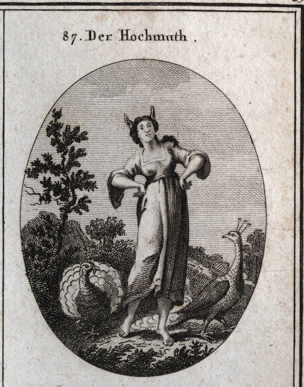 Allegori om arrogance. Hans æselører markerer uvidenhed, og hans kropsholdning angiver hans stolthed. Påfuglen er et symbol på stolthed, og kalkunen, der laver hjulet, er dumhed. Gravering i "" Iconologie oder Ideen aus dem Gebiete der Leidenschaften und A af Austrian School