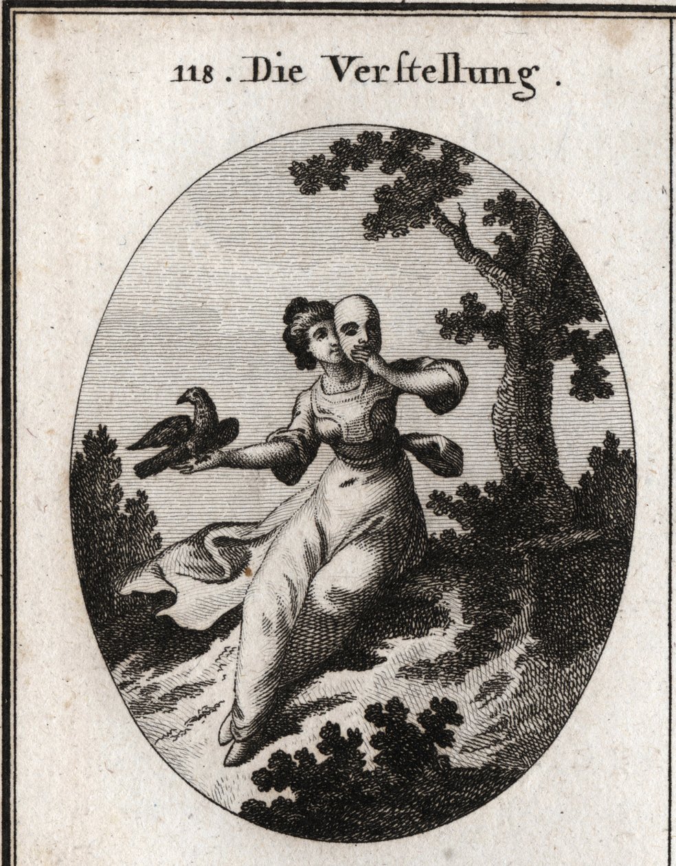 Allegori om fortielse. Hun dækker sit ansigt med en maske, emblem på den falske. Dens egenskab er en skate, både hvid og sort, og dens kærtegn blandes med næb. Gravering i "" Iconologie oder Ideen aus dem Gebiete der Leidenschaften und Allegorien af Austrian School
