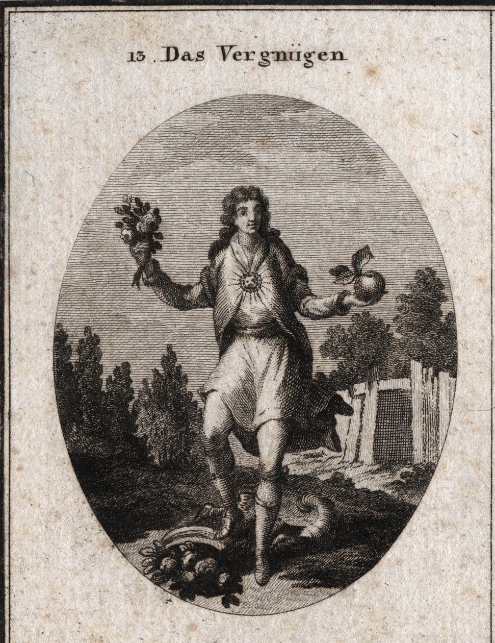 Allegori om tilfredshed repræsenteret af en ung mand, der holder et gyldent æble med den ene hånd og en buket blomster på den anden. De viser, at alt, hvad der omgiver ham, deltager i hans glæde, som er symboliseret ved, at rubinen stråler på hans bryst. D af Austrian School