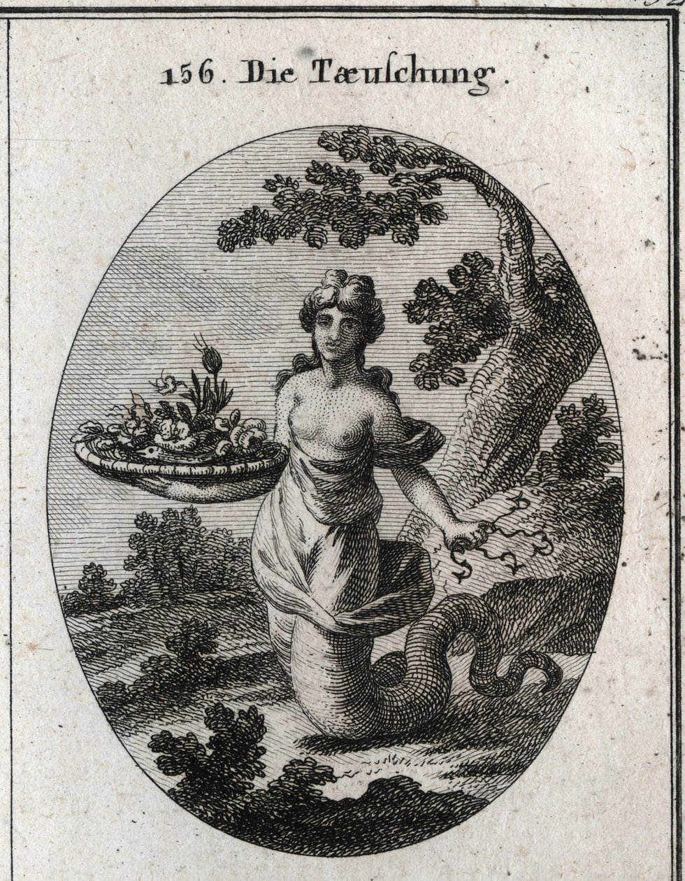 Allegori om bedrag. Blandt blomsterne i kurven er en slange. Hun har flere hamecons bag sig. Hendes ben ender i en slangehale for at vise, at hun kravler for at nå sine ender. Gravering i "" Iconologie oder Ideen aus dem Gebiete der Leidenschaf af Austrian School