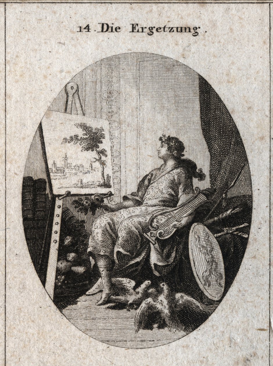 Allegori om nydelse repræsenteret af en ung mand, der holder en lyre i nærheden af et maleri med frugter, bøger, våben og to colombenter, der kærtegner hinanden, alt sammen symboliserer sansernes charme. Gravering i "" Iconologie oder Ideen aus dem Gebiete af Austrian School
