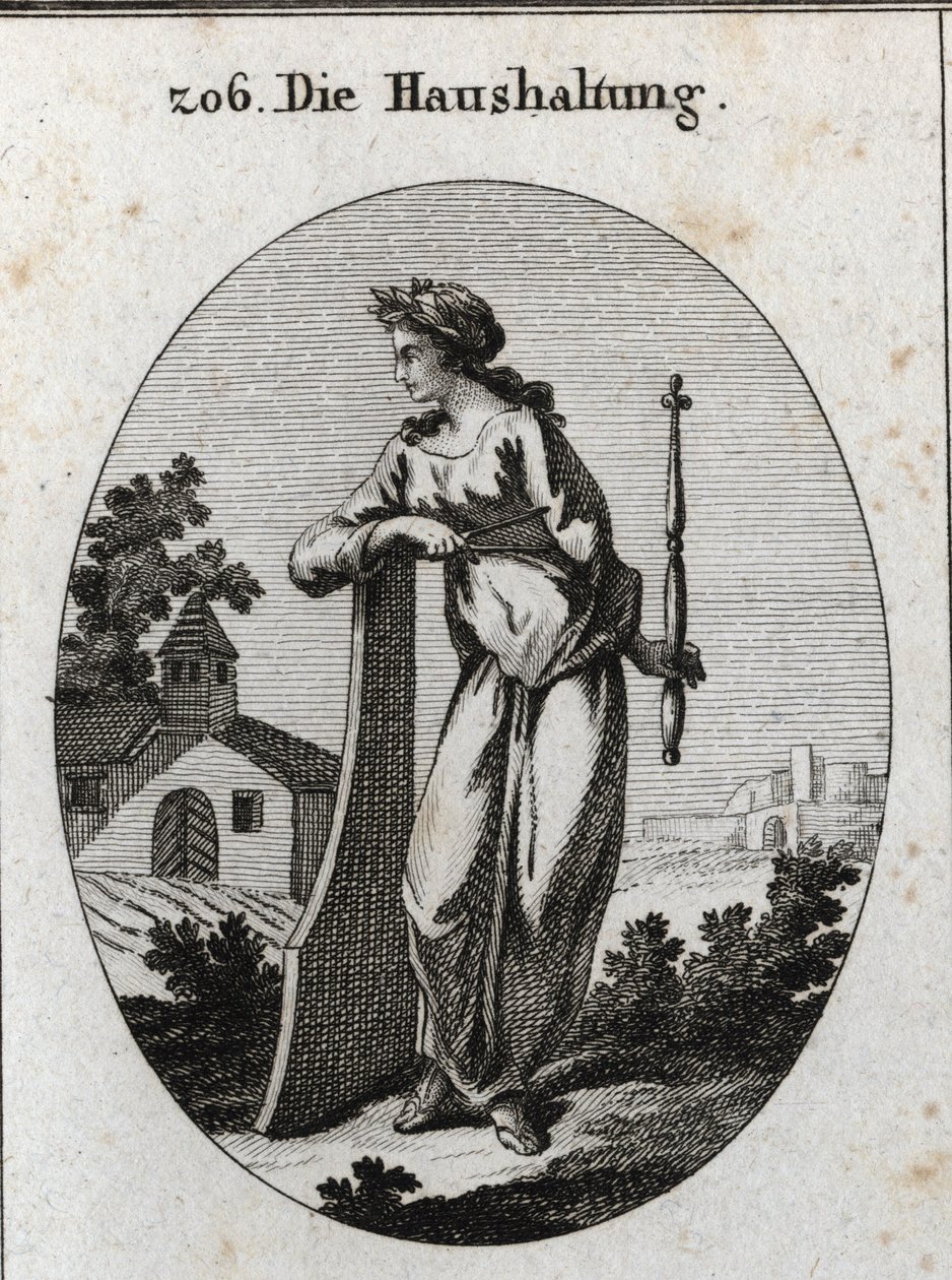 Allegori om økonomi. Den er kronet med en olivengren, der symboliserer fred. Den læner sig op ad et ror og holder et scepter og kompas, magtemblemer og den nøjagtige regering. Gravering i "" Iconologie oder Ideen aus dem Gebiete der Leidenschaften und Alle af Austrian School