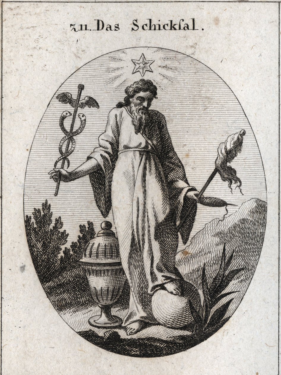 Allegori om skæbnen. En stjerne over den afgiver rapporter om astrologi om hændelser i menneskeliv. Han holder med den ene hånd et løvfældende symbol på sin magt og på den anden et cattailsymbol og en fiuseau, hvis knækkede tråd indikerer livets skrøbeligh af Austrian School