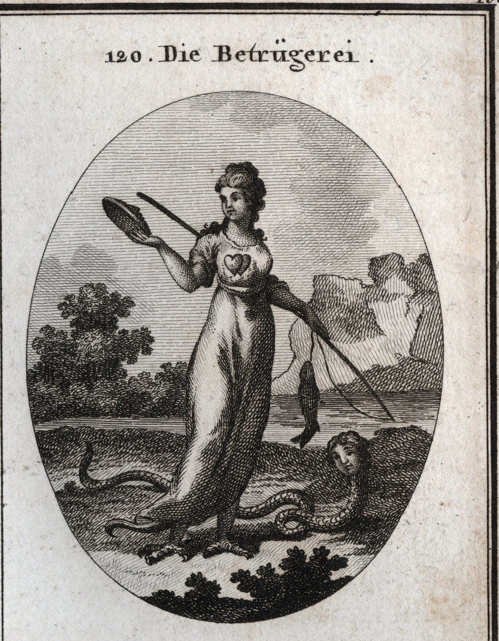 Allegori om bedrageri repræsenteret med et dobbelt hjerte og med en maske. Hun holder en fiskestang, der bed en fisk. Hendes ben ender i gribbeklør, og hun har en skorpionhale. Hans egenskab er en slange med et menneskeligt ansigt. Gravering i "" Iconologi af Austrian School