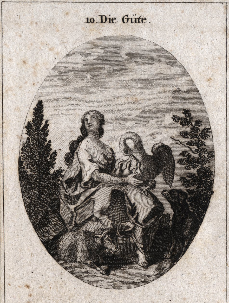 Allegori om godhed repræsenteret af en ædel og rigelig skønhed, der ser på himlen med kærlighed. Pelican symboliserer næstekærlighed, hundetroskab og lam, sødme. Indgravering i "" ikonologi eller ideer fra feltet af lidenskaber og allegorier billedligt rep af Austrian School