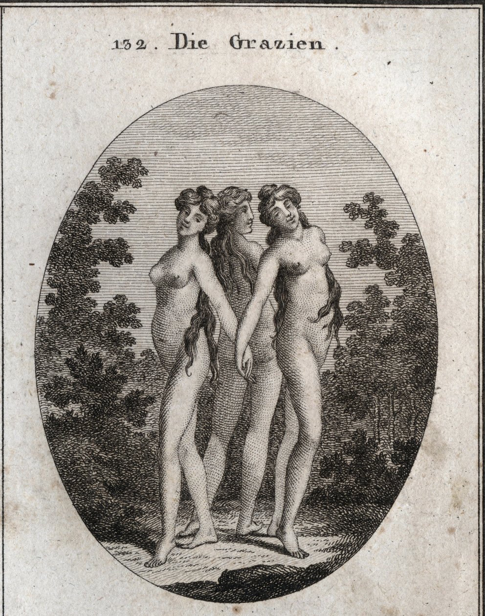 Allegori om nåde. De tre nådegaver: Euphrosine, der betyder hæderlighed og tilfredshed, Aglaya, der symboliserer imponerende skønhed og Thalia-glæde. Indgravering i "" ikonologi eller ideer fra feltet af lidenskaber og allegorier afbildet for Ze af Austrian School