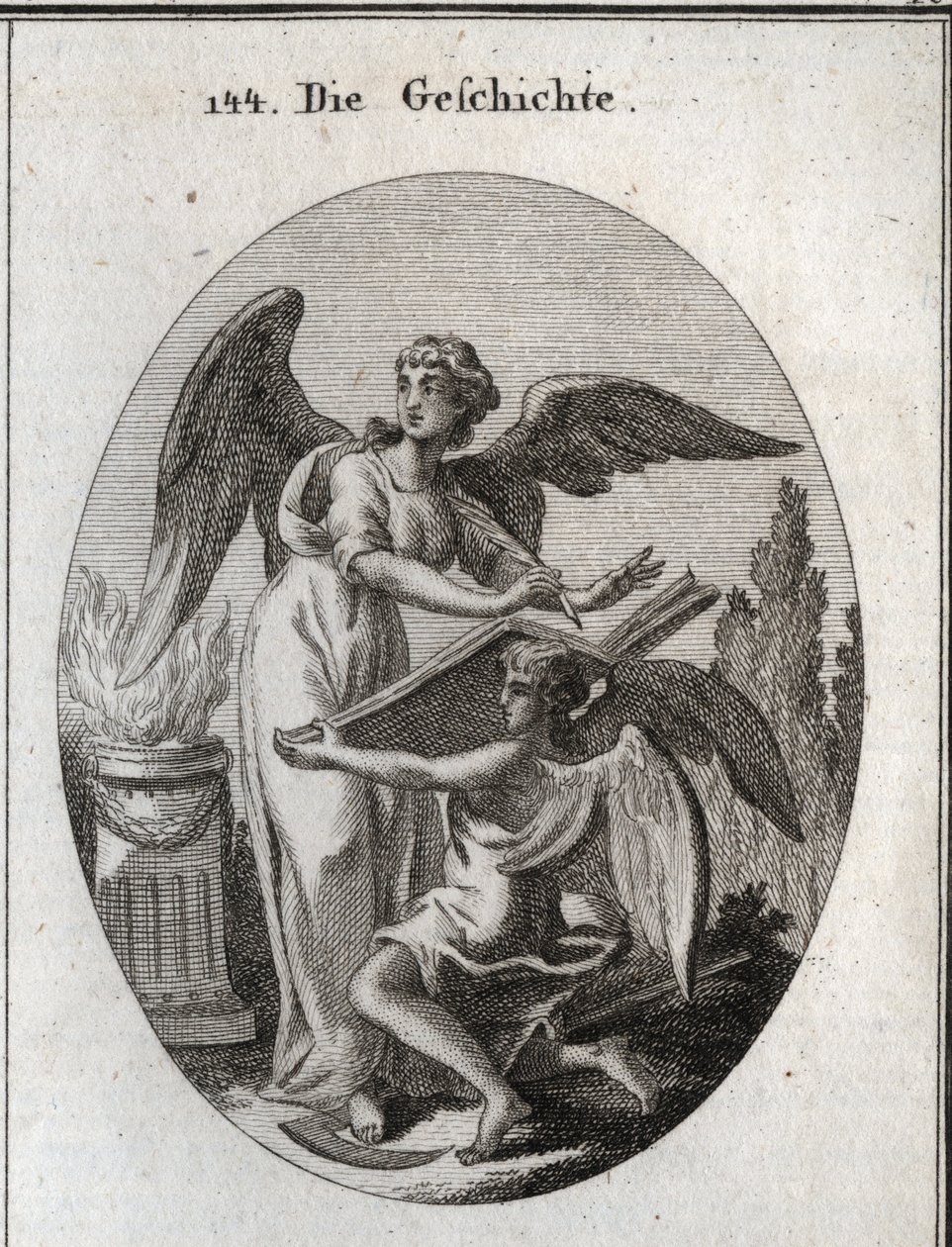Allegori af historien. Hans handlinger med at lytte og skrive på en stor bog understøttet af tid betyder handlingen at blive informeret om at omskrive erindringen om tidligere ting. Gravering i "" Iconologie oder Ideen aus dem Gebiete der Leidenschaften un af Austrian School