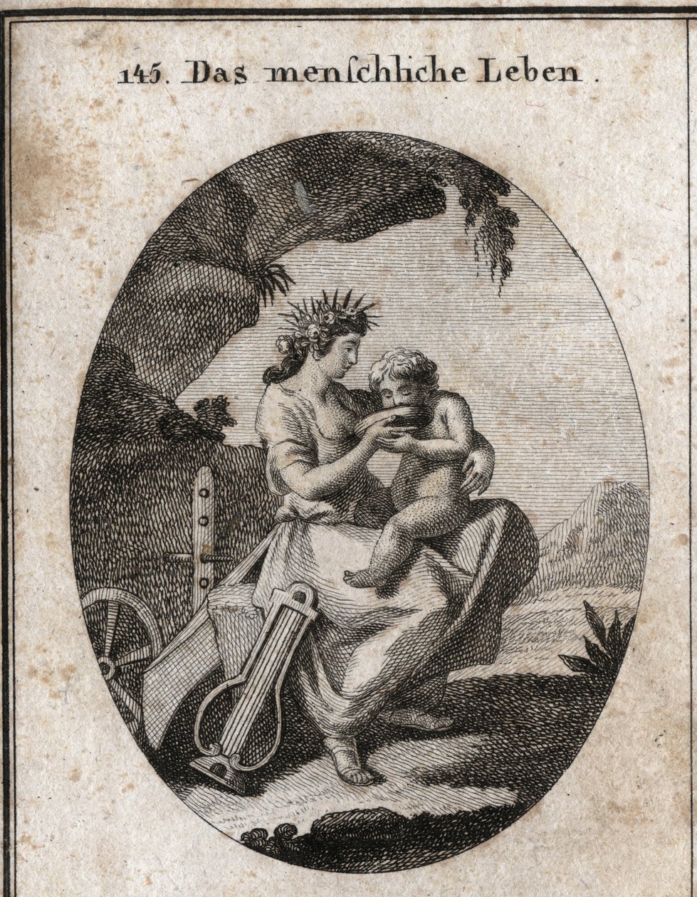 Allegori om menneskeliv. Lyre og charue symboliserer fornøjelse og arbejde. Hun giver et barn en drink, der er afgørende for at leve. Indgravering i "" ikonologi eller ideer fra feltet af lidenskaber og allegorier afbildet for tegnere, malere, digtere, ge af Austrian School