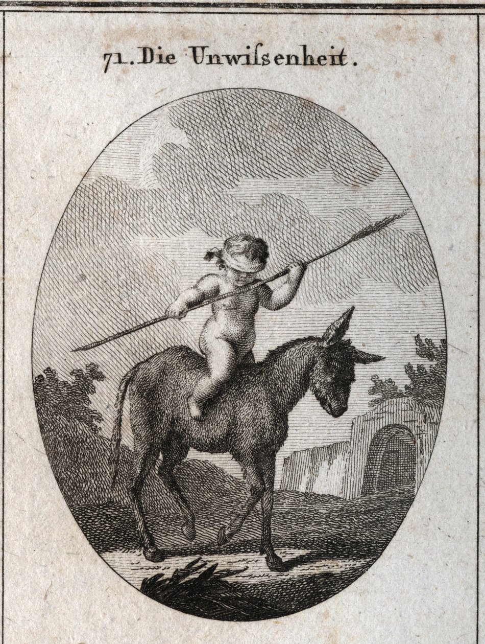 Allegori om uvidenhed repræsenteret af et barn, der rider på et æsel, hans øjne strimler med en rørstok (symboliserer den tomme hjerne). Indgravering i "" ikonologi eller ideer fra feltet af lidenskaber og allegorier afbildet for tegner, Mahler af Austrian School