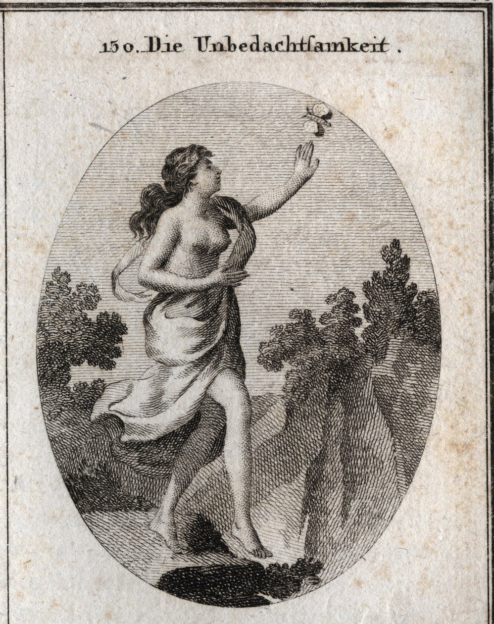 Allegori om hensynsløshed. Hun går og ser på en sommerfugl uden at se, at der er et afgrund ved hendes fødder. Kompaerne og reglerne viser, at hun ikke holder eller kender nogen mål. Gravering i "" Iconologie oder Ideen aus dem Gebiete der Leid af Austrian School