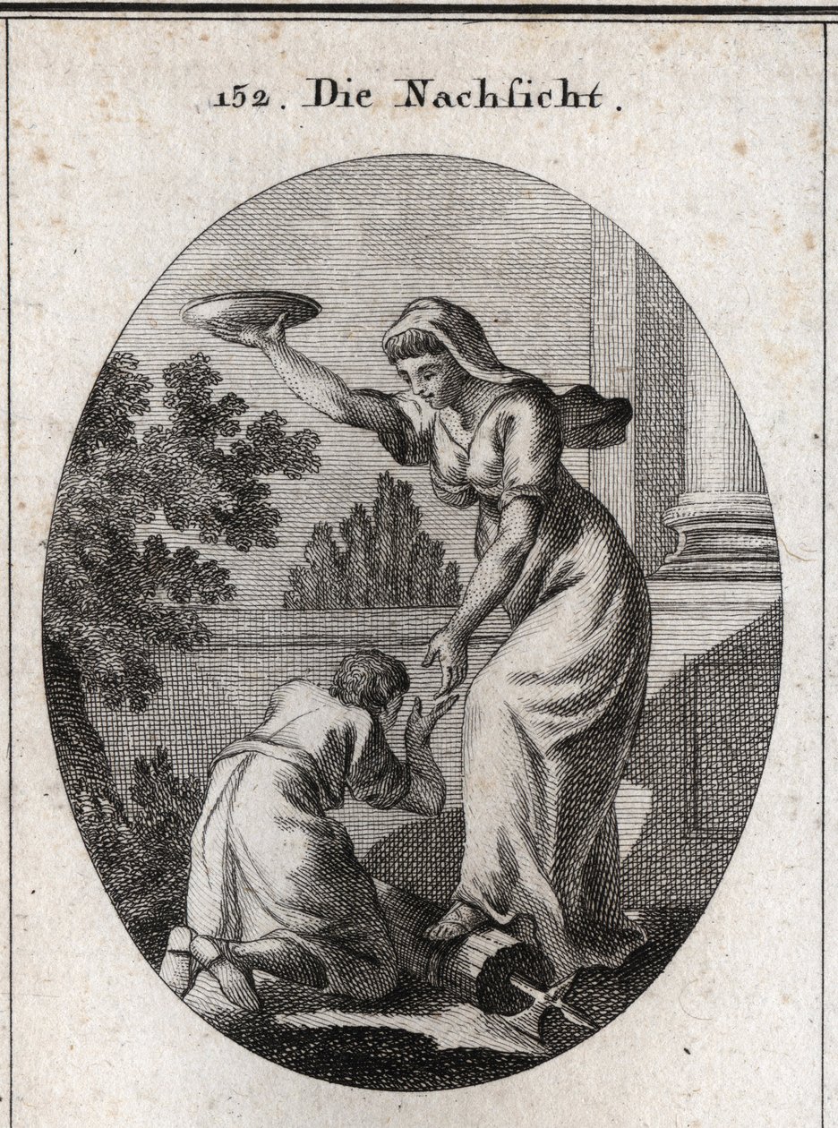 Allegori om aflad. Hun troppede under sine fødder bundterne og øksen, som liktorerne bar blandt romerne. Hun holder en hævet frakke og rækker sin hånd til en slave, der lægger sine fødder ned. Gravering i "" Iconologie oder Ideen aus dem Gebiete der Le af Austrian School