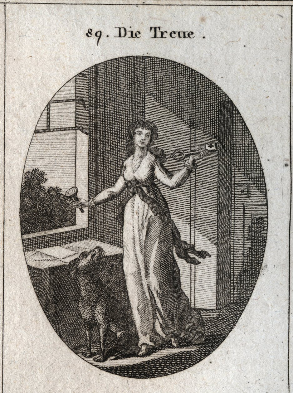 Allegori om loyalitet, hvis symboler er nøglen, seglen og hunden. Indgravering i "" ikonologi eller ideer fra feltet af lidenskaber og allegorier afbildet for tegnere, malere, digtere, lærde, undervisere og venner af højere smag af Austrian School