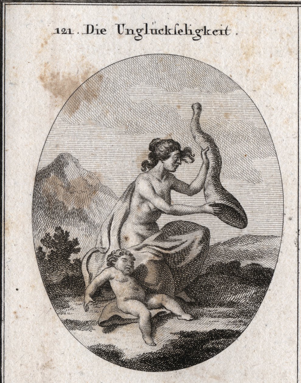 Allegori om ulykke repræsenteret mager og omfattende. Hendes egenskaber er et horn af overflod, som hun ryster og er tomt, og et barn, der går til grunde af sult. Gravering i "" Iconologie oder Ideen aus dem Gebiete der Leidenschaften und Allegorien bi af Austrian School