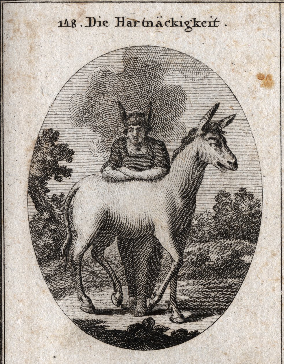 Allegori om stædighed, der læner sig op af et muldyr. Æselørerne på hans hoved er emblemet på uvidenhed og stædighed. Dampen omkring hans hoved betyder, at hans intelligens er mørk. Gravering i "" Iconologie oder Ideen aus dem Gebiete der Leidenschaften un af Austrian School