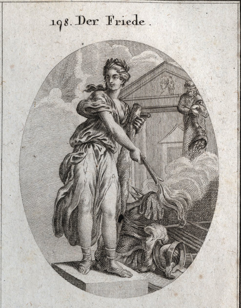 Allegori om fred. Hun bærer en krans af oliventræer og holder en kølle, mens hun brænder en trofee af våben med en fakkel. Bag den betyder statuen af Plutus, at overflod og rigdom er dens fordele. Gravering i "" Iconologie oder Ideen aus dem Gebiete af Austrian School