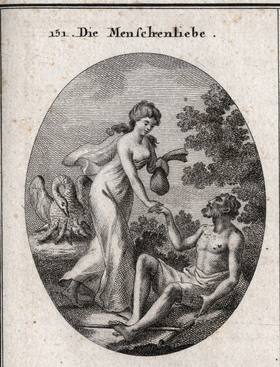 Allegori af filantropi. Hun har et stipendium og kommer for at redde en fattig mand, som hun rækker ud til. Hans egenskab er en pelikan, der åbner hans bryst for at fodre sine unger. Gravering i "" Iconologie oder Ideen aus dem Gebiete der Leidenschaften u af Austrian School