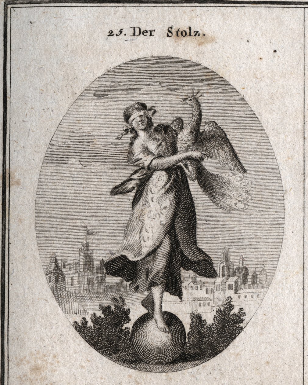 Allegori om stolthed repræsenteret af en ung pige med bind for øjnene placeret på et kugleemblem af hendes lille solidit. Påfuglen symboliserer den fantastiske ånd. Det rige tøj dækker hendes fattige tøj for at vise det udendørs. Gravering i "" Iconologie  af Austrian School
